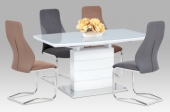 Rozkládací jídelní stůl 140+40x80x76 cm, bílé sklo, bílý vysoký lesk, broušený nerez HT-440 WT