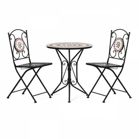 Zahradní set stůl + 2 židle s keramickou mozaikou kovová konstrukce černý matný lak US1200 SET