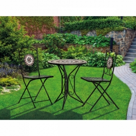 Zahradní set, stůl + 2 židle, s keramickou mozaikou, kovová konstrukce, černý matný lak. US1200 SET